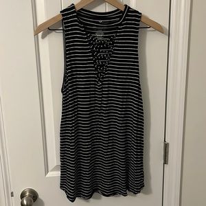 American eagle black and white striped medium tank top with cross cross details